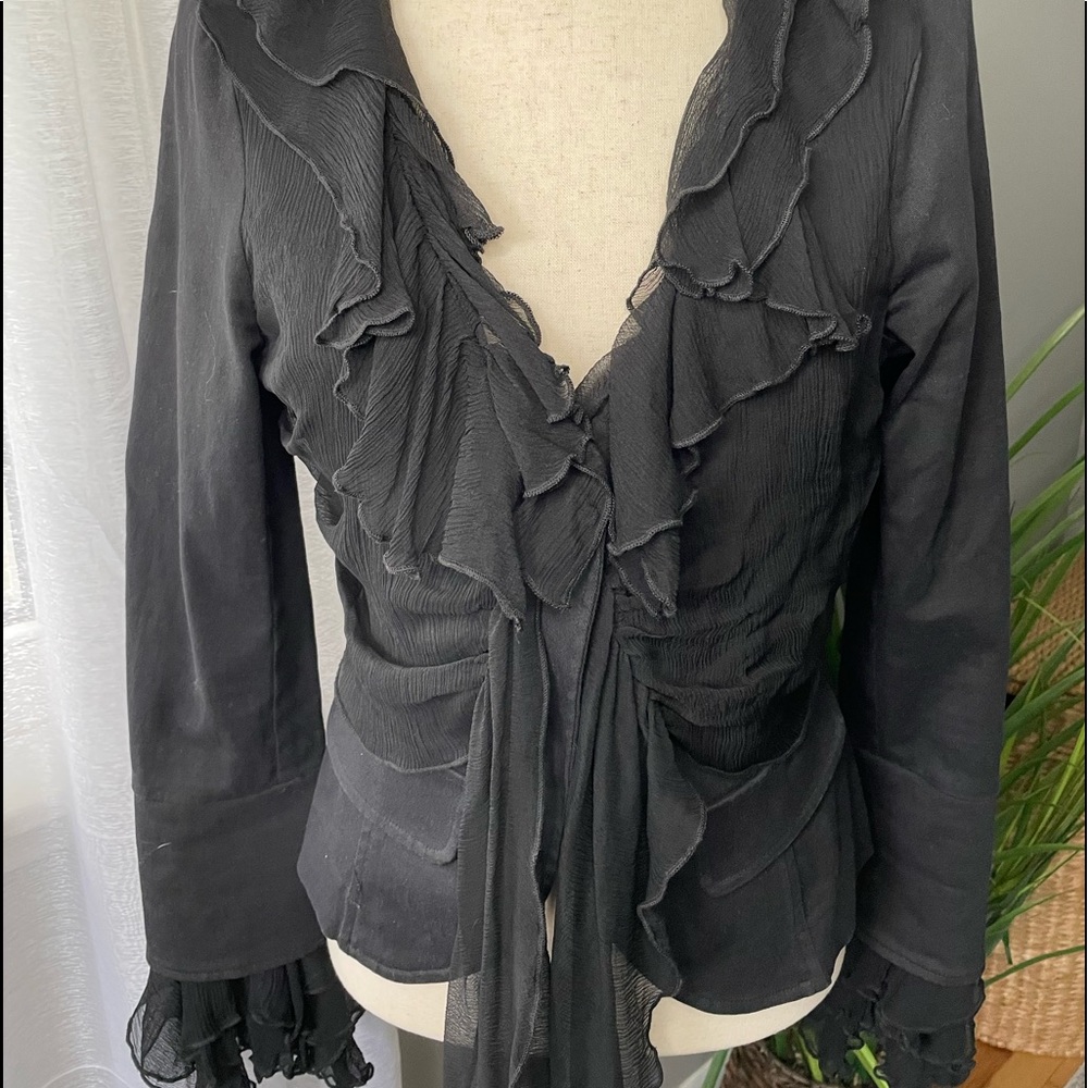 Black denim jacket by/Beshubie! Beautiful sheer ruffle trimmed collar cuffs/tie
